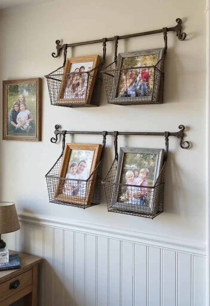 30+ Metal Wall Basket Decor Ideas That Add Texture - 17. Personal Touch with Family Photos