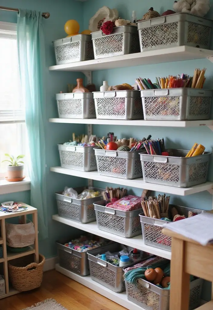30+ Metal Wall Basket Decor Ideas That Add Texture - 21. Craft Room Organization
