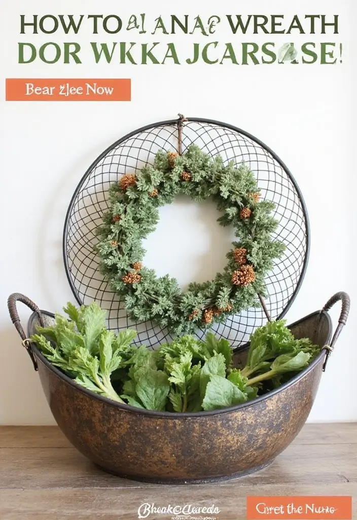 30+ Metal Wall Basket Decor Ideas That Add Texture - 22. Seasonal Wreaths in Metal Baskets
