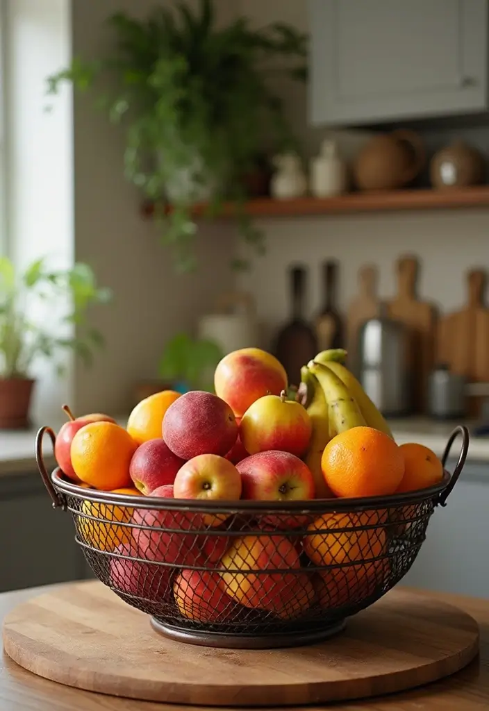 30+ Metal Wall Basket Decor Ideas That Add Texture - 24. Decorative Fruit Displays