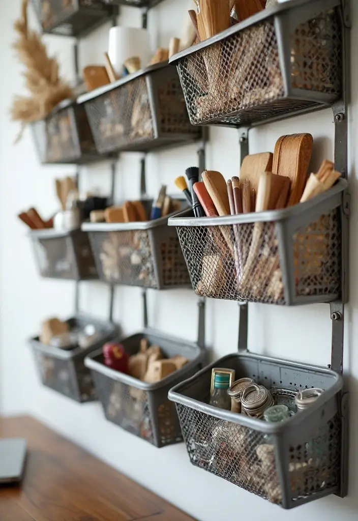 30+ Metal Wall Basket Decor Ideas That Add Texture - 29. Organizing Craft Supplies