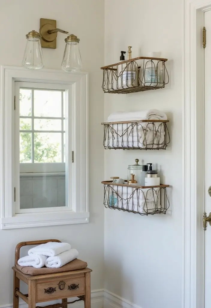 30+ Metal Wall Basket Decor Ideas That Add Texture - 9. Creative Bathroom Storage