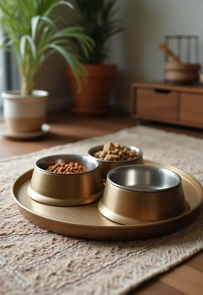 30 Round Metal Tray Decor Ideas For Centerpieces 45 30 Round Metal Tray Decor Ideas For Centerpieces - 13. Pet Bowls Station
