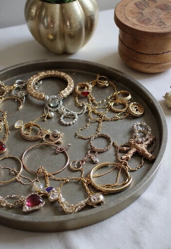 30 Round Metal Tray Decor Ideas For Centerpieces 48 30 Round Metal Tray Decor Ideas For Centerpieces - 14. Jewelry Display
