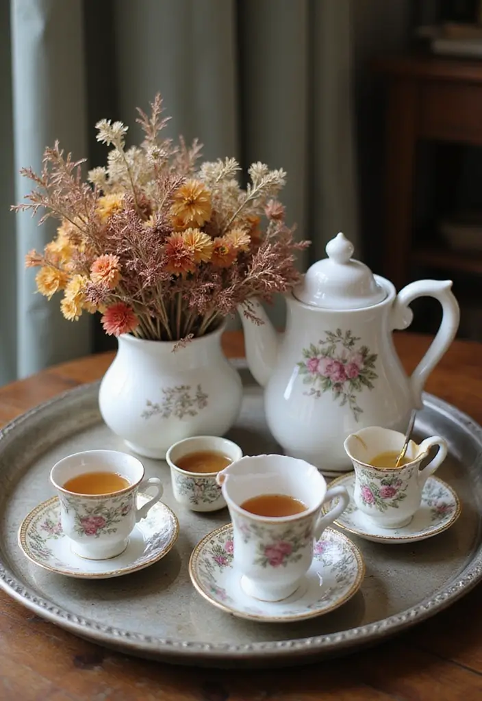 30 Round Metal Tray Decor Ideas For Centerpieces 50 30 Round Metal Tray Decor Ideas For Centerpieces - 16. Vintage Tea Set Display