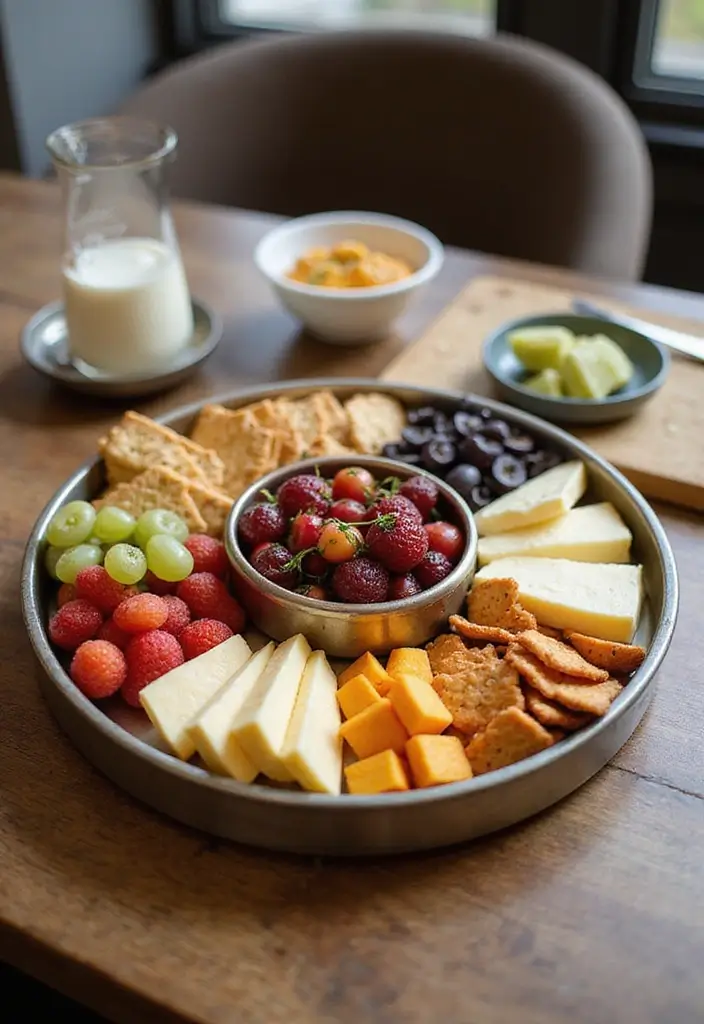 30 Round Metal Tray Decor Ideas For Centerpieces 29 30 Round Metal Tray Decor Ideas For Centerpieces - 5. Snack Station for Entertaining