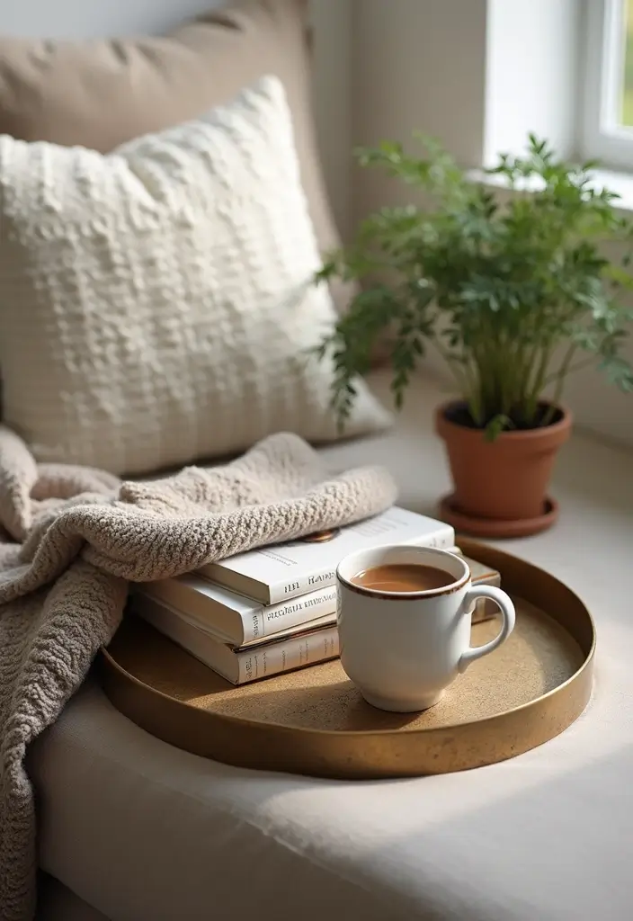 30 Round Metal Tray Decor Ideas For Centerpieces 30 30 Round Metal Tray Decor Ideas For Centerpieces - 6. Book and Coffee Station