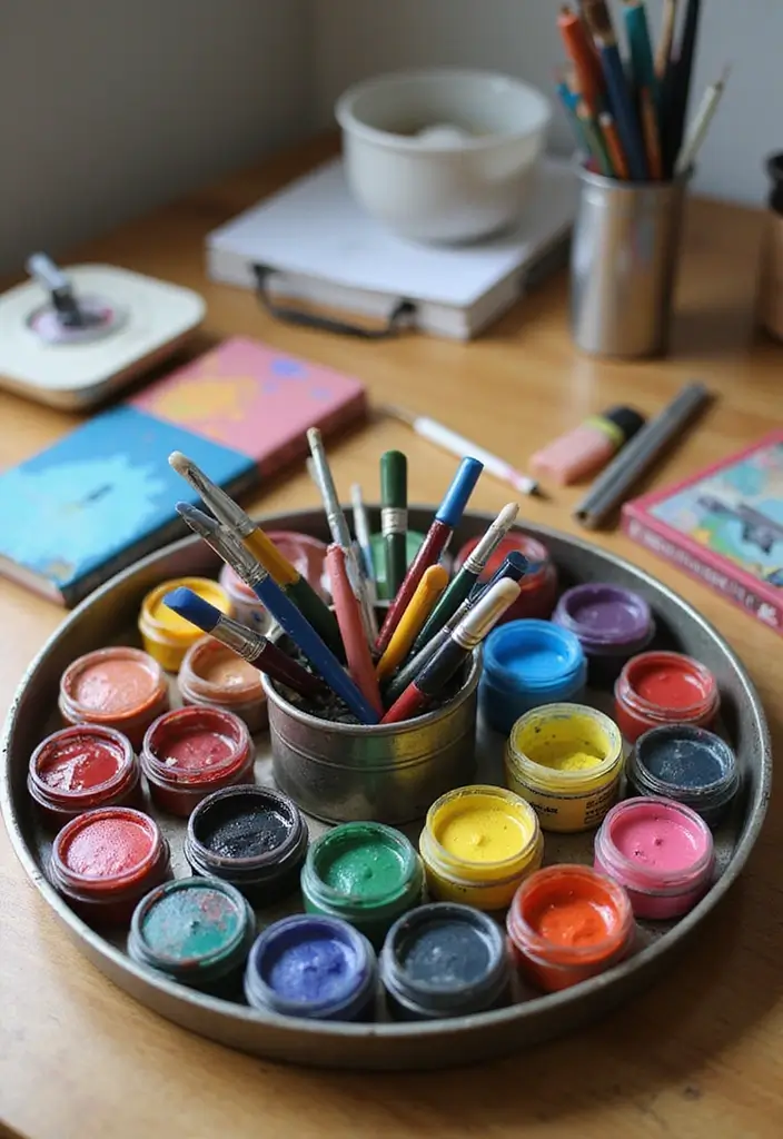 30 Round Metal Tray Decor Ideas For Centerpieces 32 30 Round Metal Tray Decor Ideas For Centerpieces - 8. Art Supply Organizer