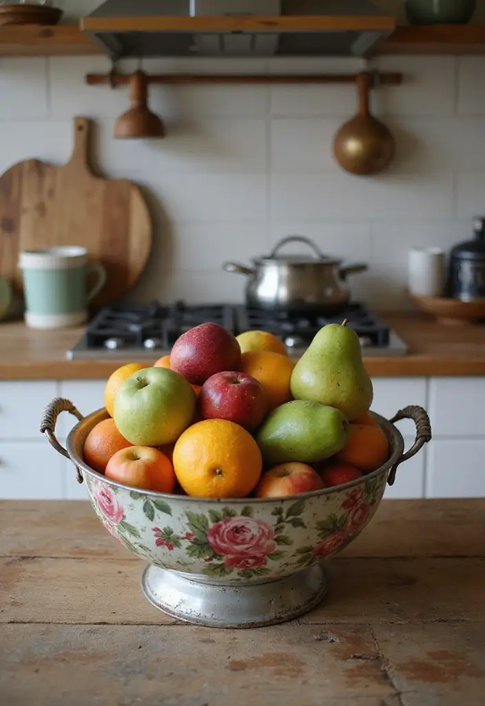 30 Rustic Kitchen Decor Ideas With Metal Containers - 13. Metal Colanders for Fresh Produce