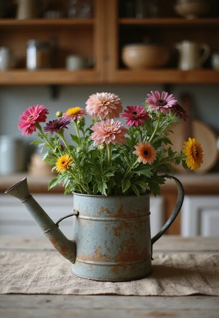 30 Rustic Kitchen Decor Ideas With Metal Containers - 16. Metal Watering Cans as Decor