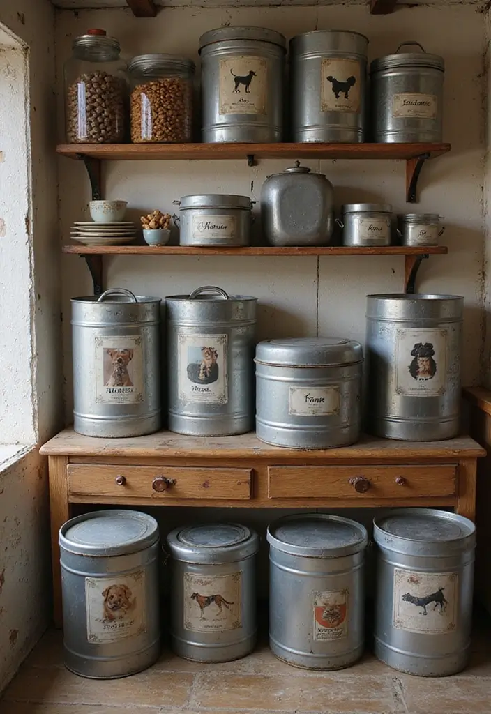 30 Rustic Kitchen Decor Ideas With Metal Containers - 17. Old Metal Tins for Pet Food Storage