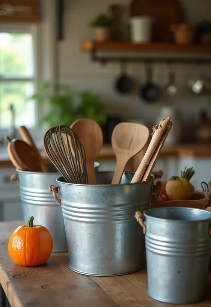 30 Rustic Kitchen Decor Ideas With Metal Containers - 2. Galvanized Buckets for Utensil Storage