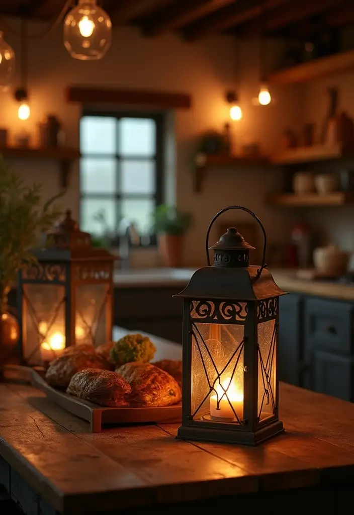 30 Rustic Kitchen Decor Ideas With Metal Containers - 25. Metal Lanterns for Ambience