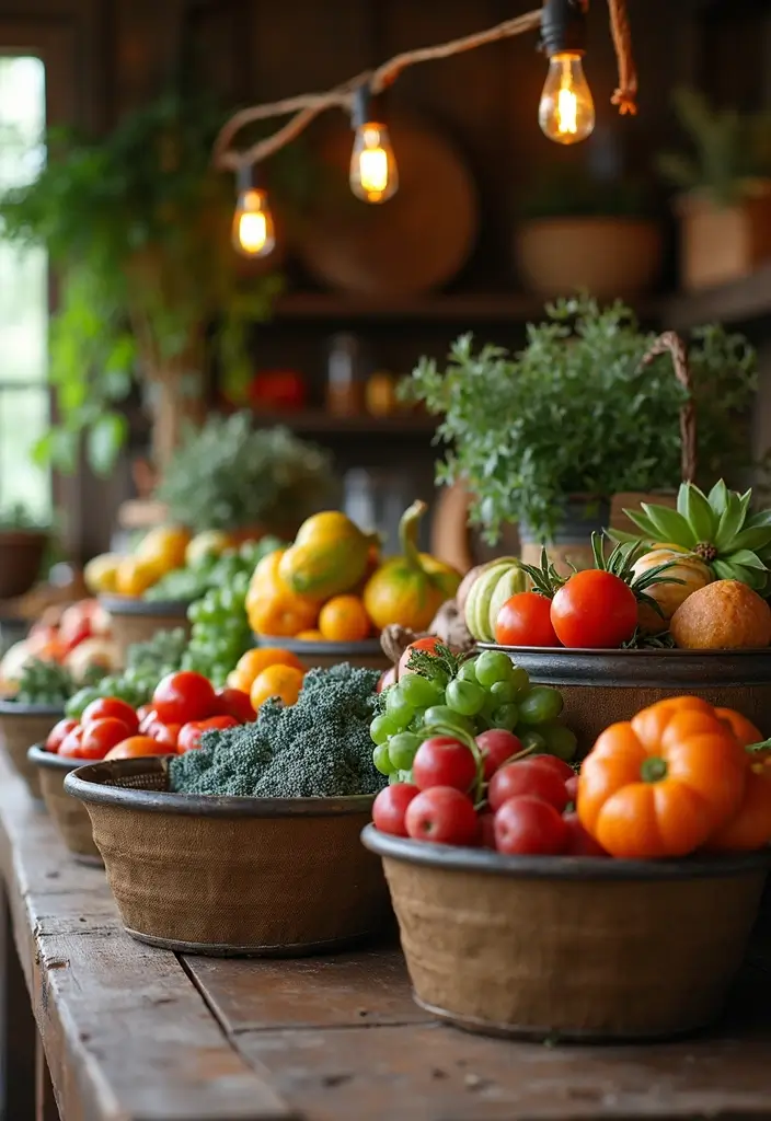 30 Rustic Kitchen Decor Ideas With Metal Containers - 29. Metal Baskets for Farm Stand Displays