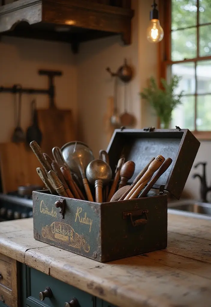 30 Rustic Kitchen Decor Ideas With Metal Containers - 7. Antique Toolboxes for Utensil Storage