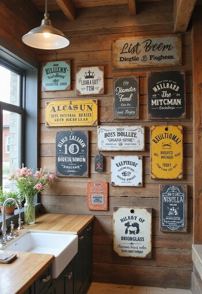 30 Rustic Kitchen Decor Ideas With Metal Containers - 9. Reclaimed Metal Signs for Wall Decor