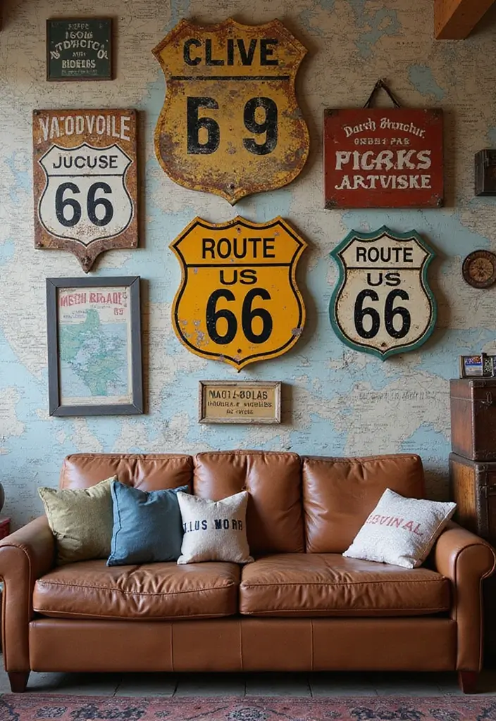 30+ Vintage Metal Wall Decor Ideas That Feel Authentic - 2. Retro Route 66 Decor